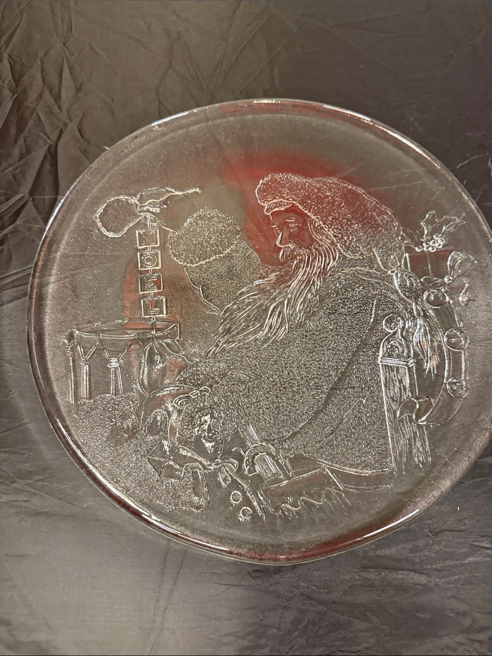 Clear Glass Santa Plate with Embossed Holiday Motif classy vintage clear